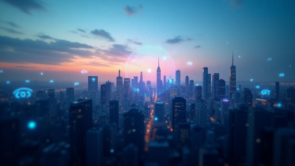 Dynamic urban skyline with network signals overlay for Copertura Mobile Solutions event